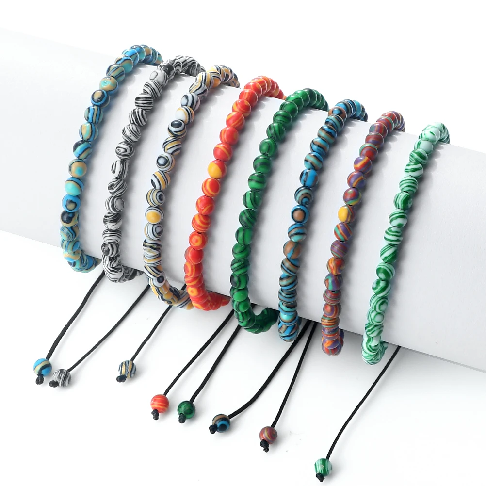Charm 4mm Green Blue Malachite Bracelet for Women Men Natural Stone Handmade Braided Bangles Yoga Prayer Jewery Beaded Bracelets