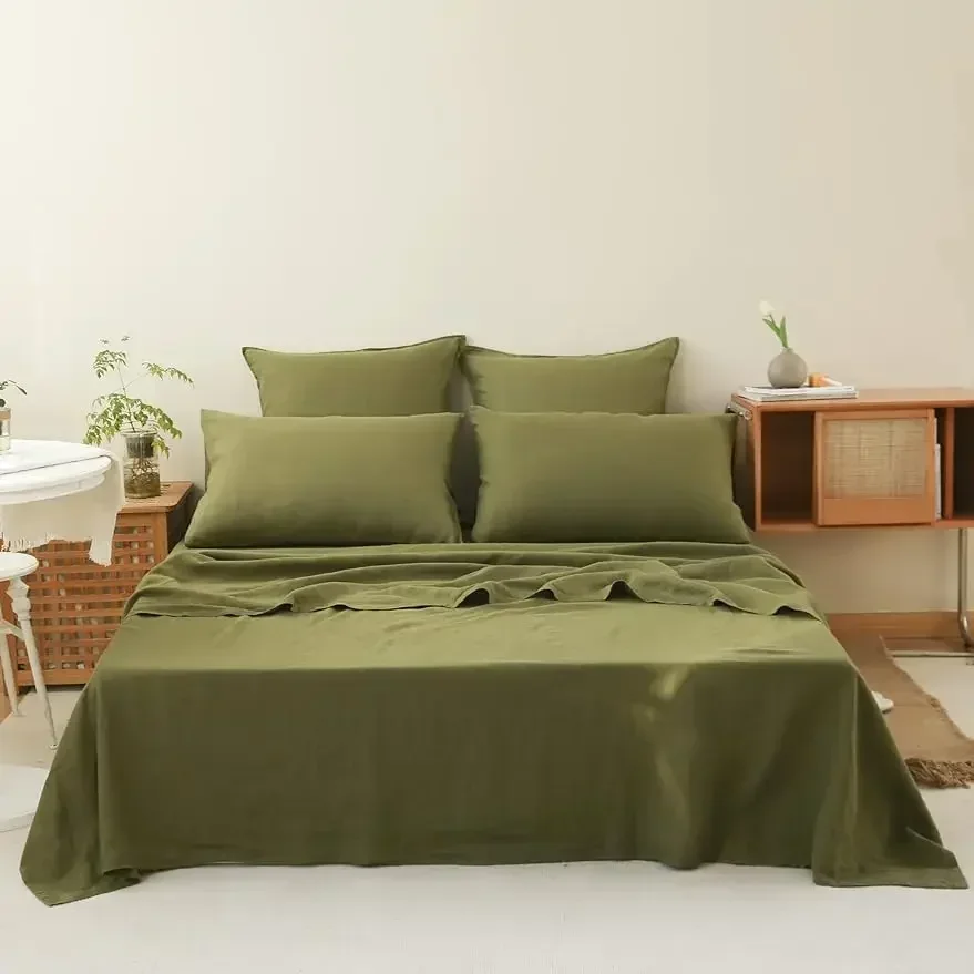 Simple&Opulence Washed Linen Bed Sheet Set Basic Style 4 Pieces (1 Flat Sheet & 1 Fitted Sheet & 2 Pillowcases)