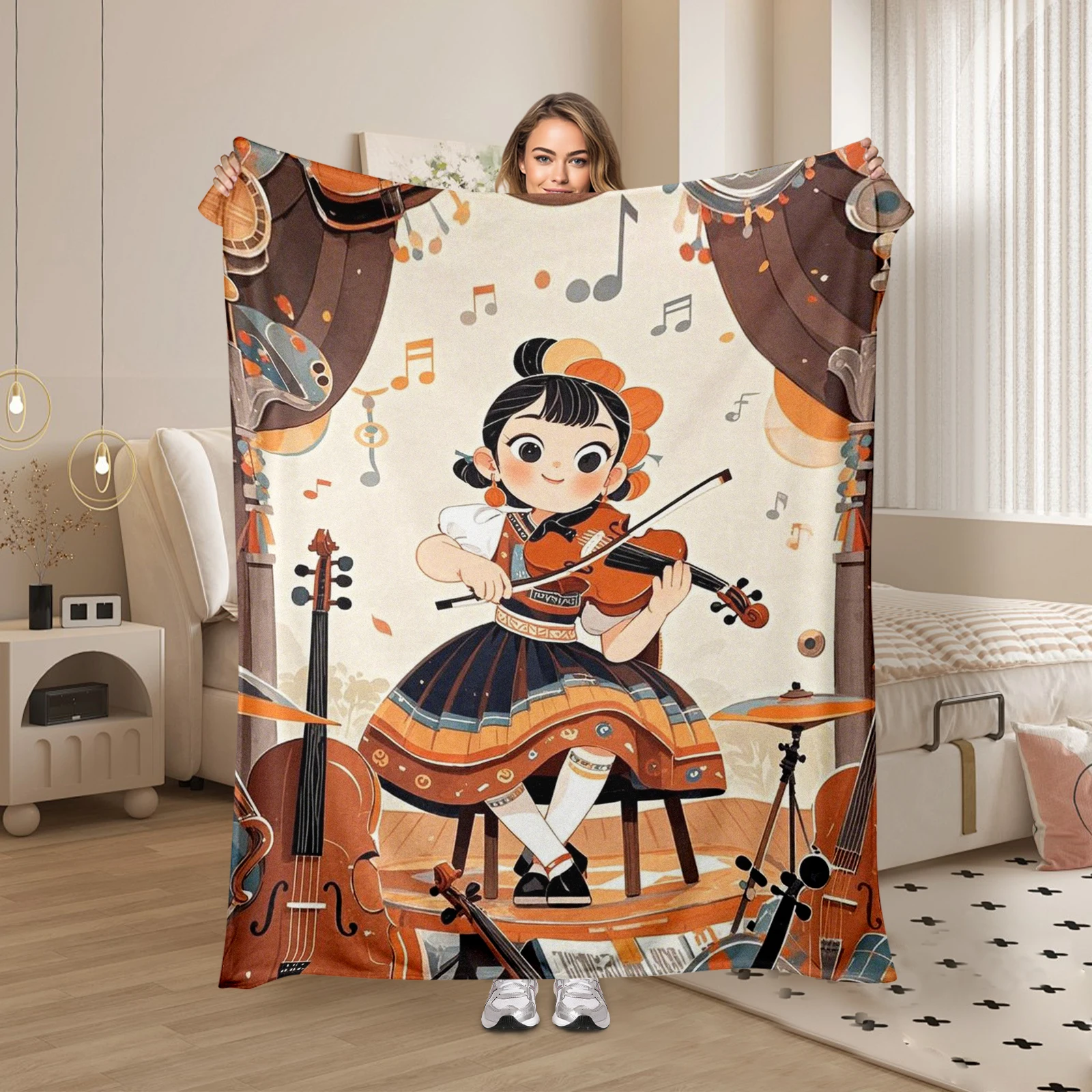 Creative Cartoon Character Playing Cello Blanket With Jumping Notes, Designed For Music Lovers. Warmth And Art For Any Home.