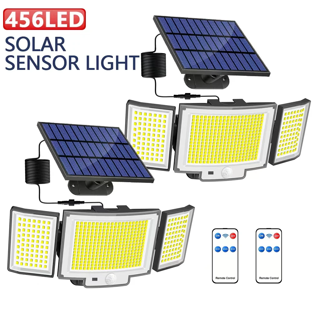 456LED Solar-Außenstrahler mit Bewegungssensor, IP65 Solar-Wandleuchte für den Außenbereich, 3 Modi Solar-Gartenleuchte mit Fernbedienung