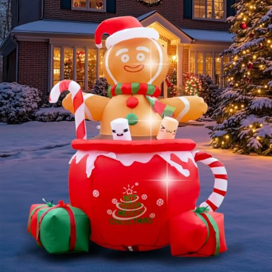 6 Feet Gingerbread Christmas Inflatable Outdoor Decoration, PVC Material, Brown And White, Built-in LEDs For Lawn Garden Party