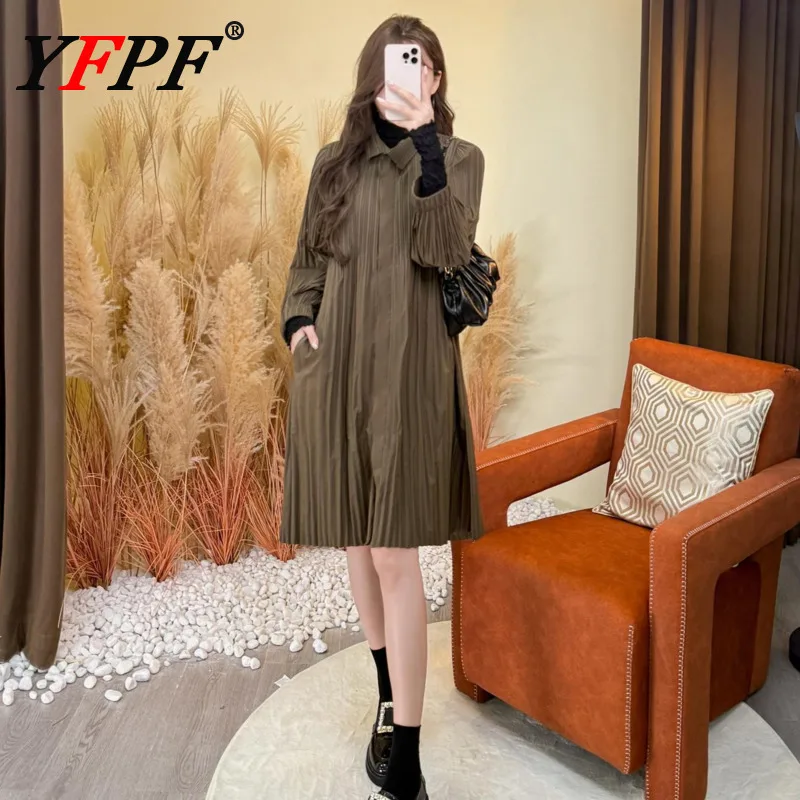 

YFPF 2025 Autumn Winter New Long Coat Women Fashion Lapel Solid Color Versatile Windbreaker Elegant Female Clothing