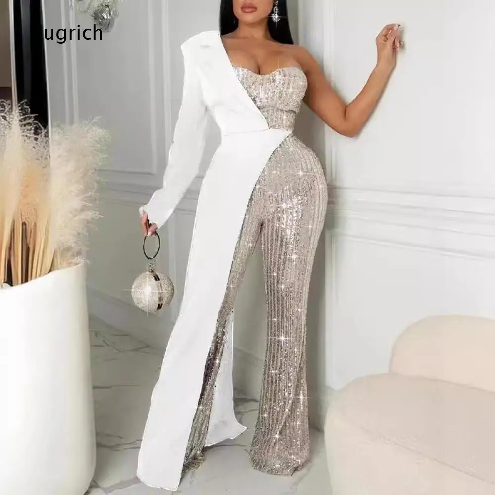 High Waist Slimming Asymmetric Single Shoulder Sequin Flared Jumpsuit Long Tail Overlay Formal Evening Party Clothing