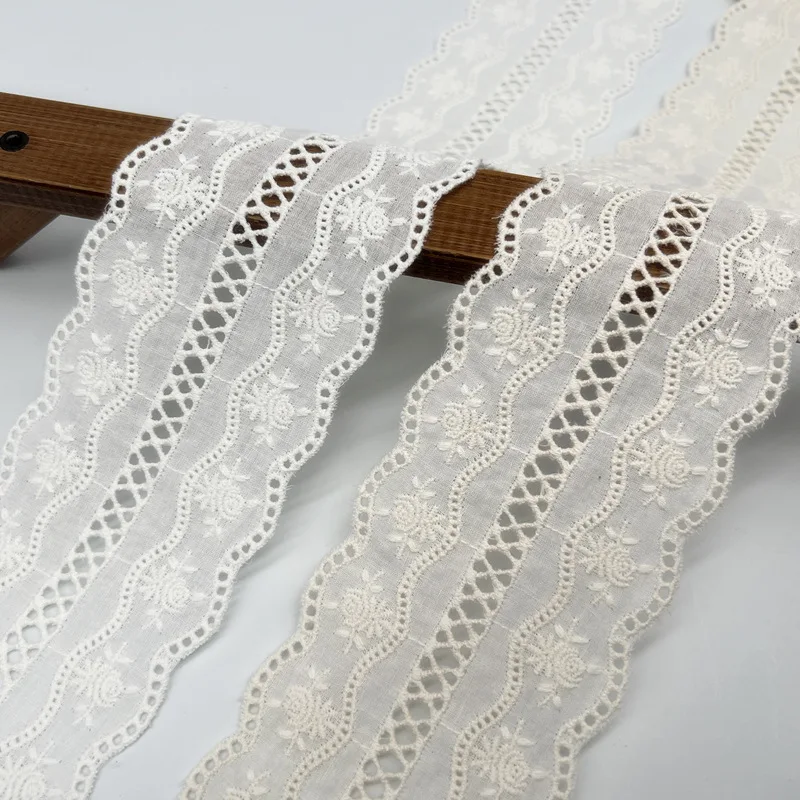 Wholesale 2/3/5yards Pure cotton Beige/Paper White 7.5cm Double Waves Embroidered Lace Accessories Cotton Fabric X937