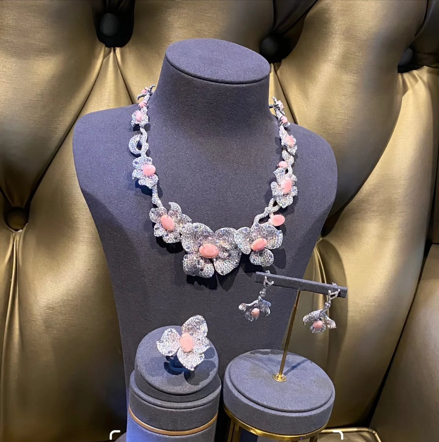 BELLUX Necklace Ring Earrings 925 Silver Synthetic Zircon Pink Queen Shell Luxury Flower Conch Beads Banquet Fine Jewelry Set