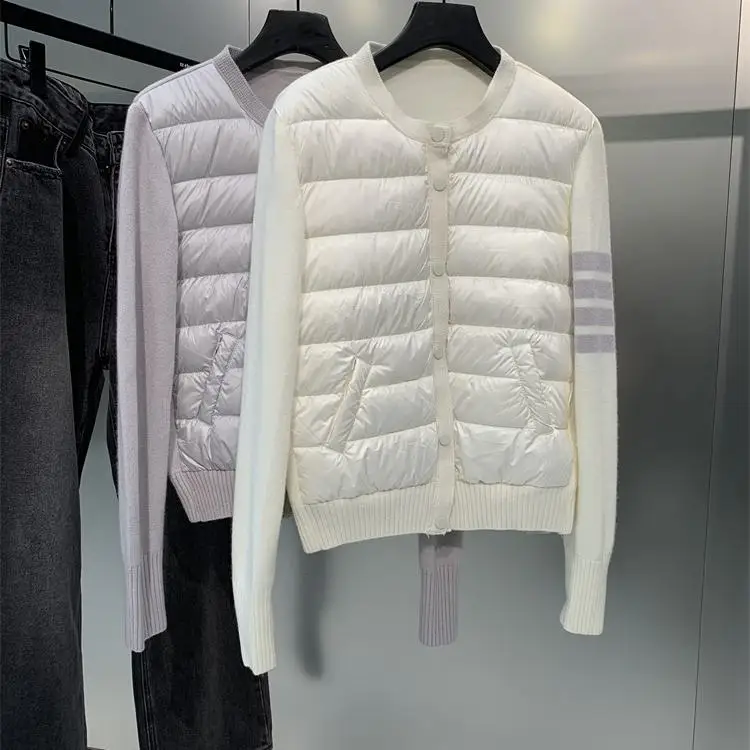 スリムホワイト デュダウン ジェットカレッジ スレ フォーストライプ ニット パッチワーク スヴェ スタンドカラー フード付き オルト アウターウェア