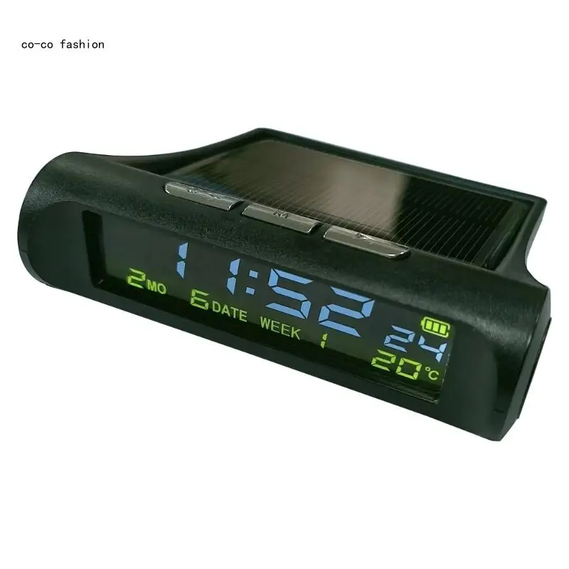 517B Solar Car Digital Clock Date Week Temperature LCD Backlit Display Alarm Clock