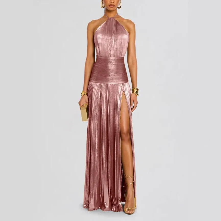 Elegant Party Dress Sleeveless Long Dresses Pleated Slit Maxi Dress High Slit Wrap Front Evening Dress for Wedding Guest Prom view 3