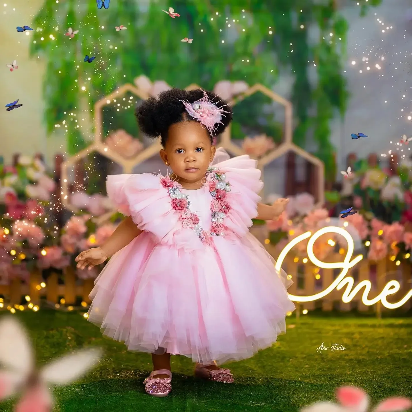 Flower Girl Dresses Customized Pink Floral Ruffles Ball Gown Shoot Gowns for Party  First Communion Dress Birthday Photos