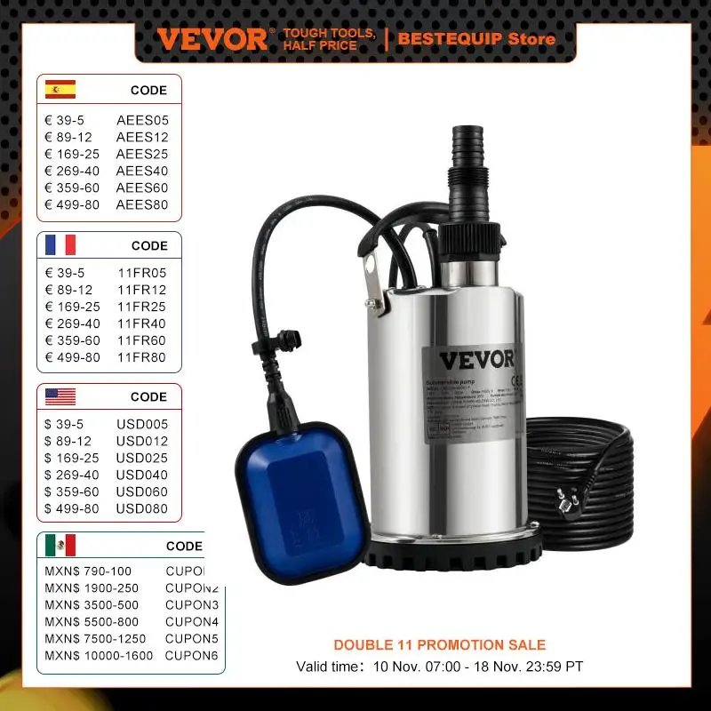 VEVOR Submersible Water Pump 9500L/H w/ 10 m Cord and Automatic Tethered Float Switch for Clean Empty Flooded Area Swimming Pool