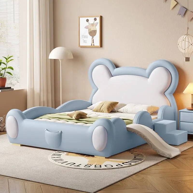 Cartoon bear 1.2m household guardrail slide leather bed, bedroom boy solid wood leather bed