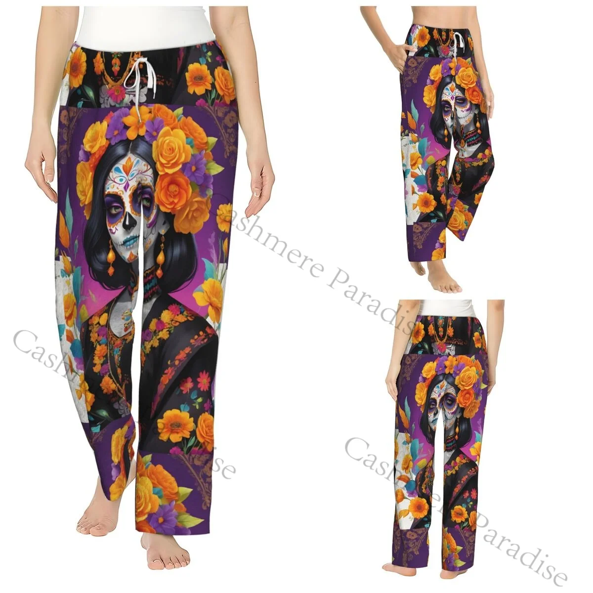 

Dead With Suga Skulls Marigold Flowers Flannel Pajama Pants for Women Soft Warm Sleep Pants with Elastic Waistband