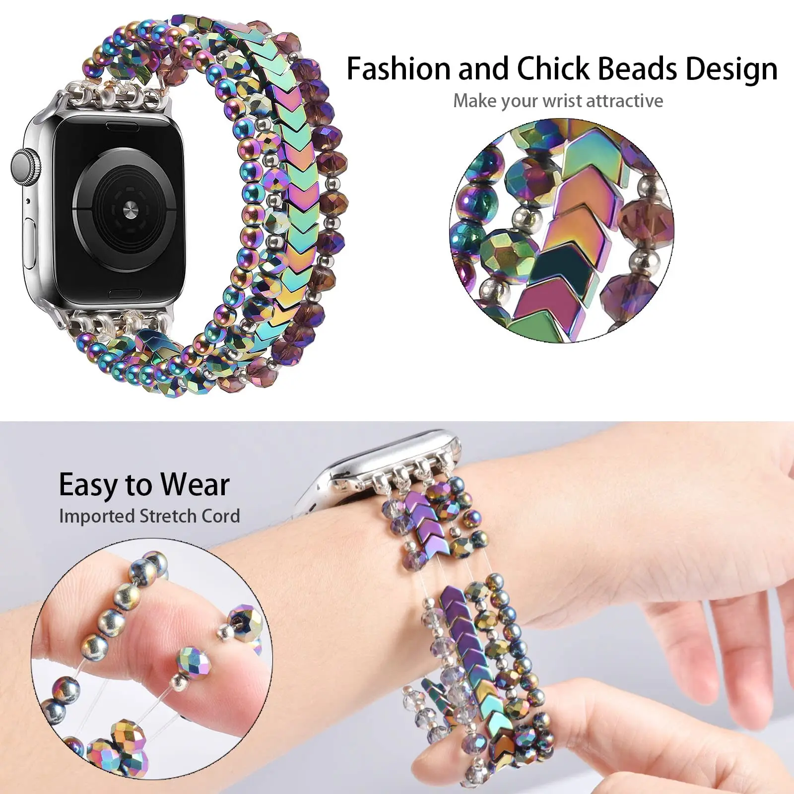 Perlenkompatibles Apple Watch Band 38 40 41 42 44 45 mm für Damen, iWatch Serie SE 9 8 7 6 5 4 3 2 1 Handgefertigtes elastisches Band – Detail 8