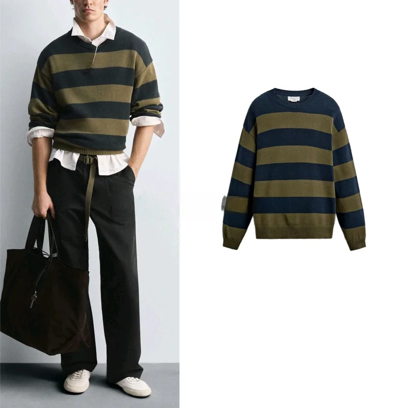 

Autumn Men's Loose Fit Long Sve round Ne Knitted Sweater Mixed Fiber Ribbed Layered Stripe Embroidery Casual Sle