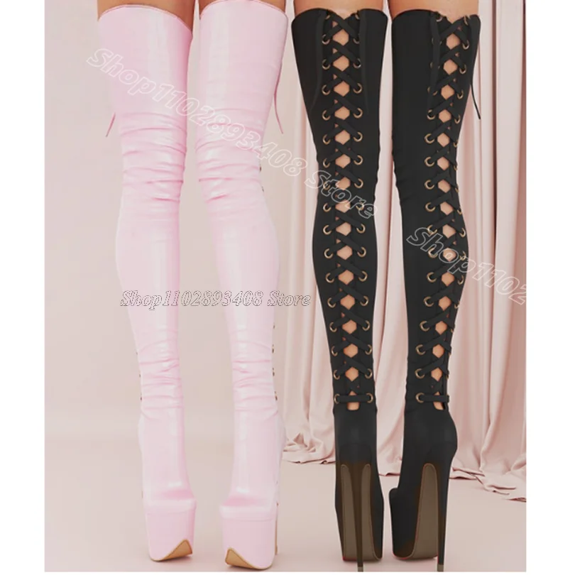 

Pink Lace up Sexy Over Knee Boots Round Toe Platform Stiletto British Style Women Party Dress Fashion Boots Zapatos Para Mujere