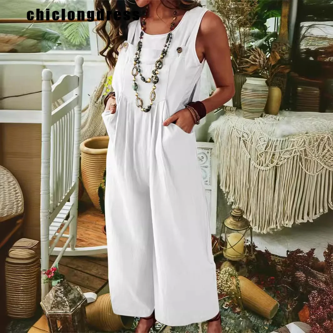 

Summer Fashion Pocket Jumpsuit Women Casual Loose Suspender Wide Leg Jumpsuit Women