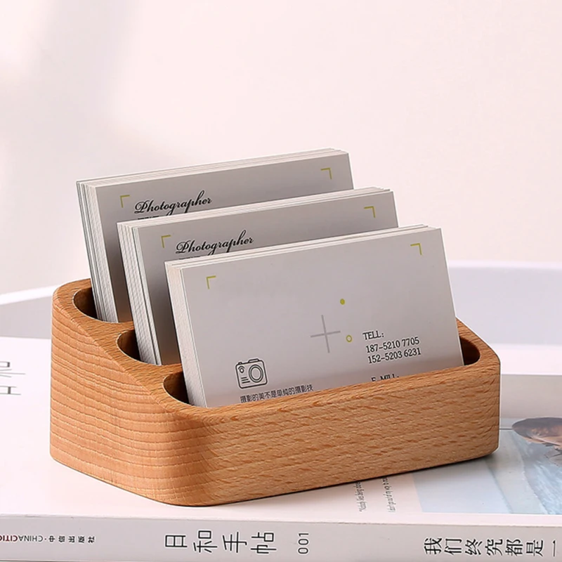 Solid Wood Desktop Business Card Display Stand Memo Holder Storage Box Beech Wood Card Organizer For Office，Stationery Supplies