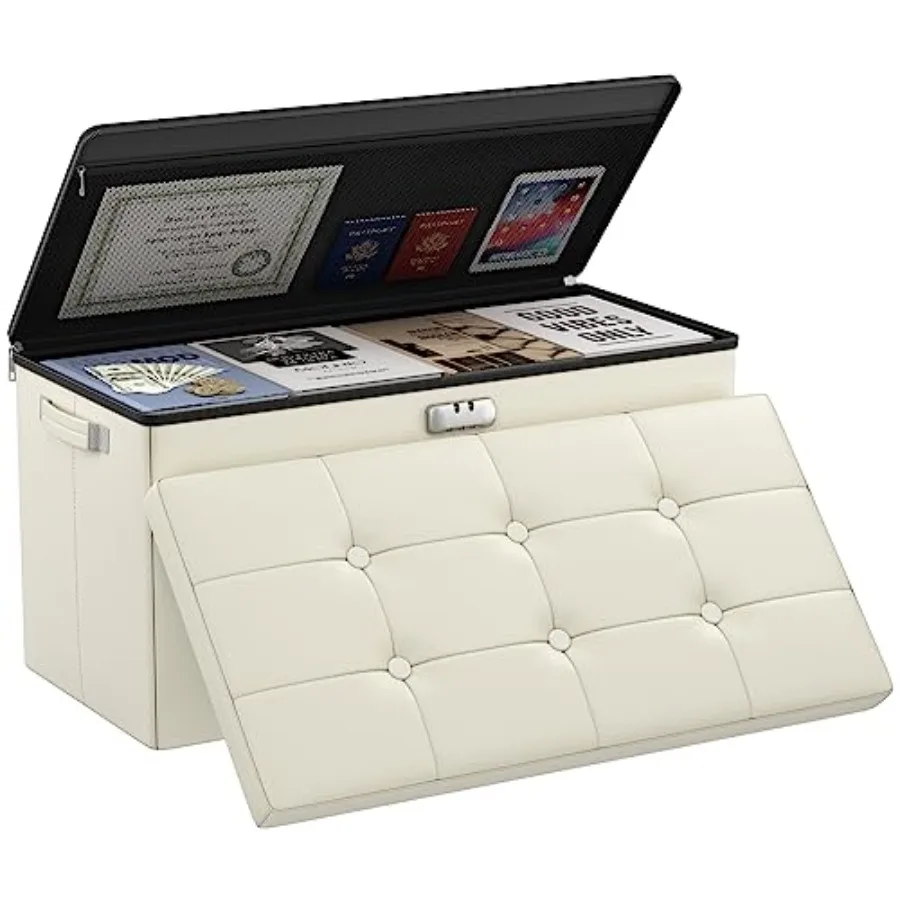 Storage Ottoman Bench with Lock, Fireproof 30 Inch Folding Bench Feet Rest Stool Storage Chest Safe for Living Room, Bedroom, H