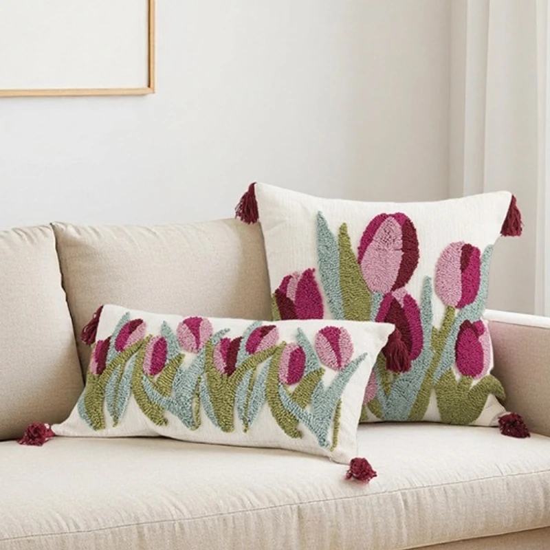 

Home Decoration Pillow Cover Tufted Tulip Plant Leaves Green Soft Chenille Tassels Cushion Cover for Sofa Couch Bed Living Room