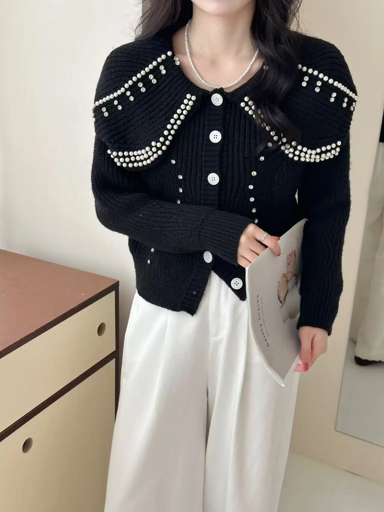 

Осень-зима женский кардиган свитер корейский стиль винтажный воротник Питера Пэна с длинными рукавами свитера топ