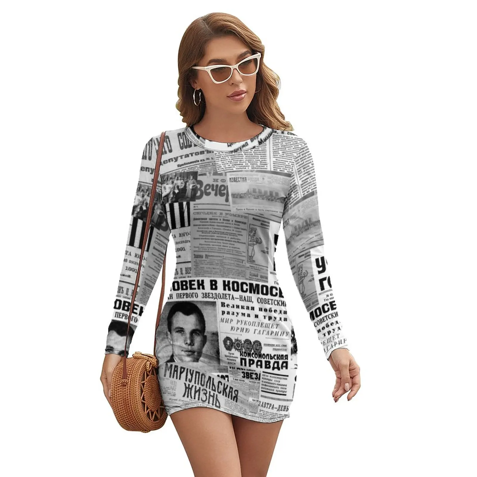 Russian Newspapers Dress Long Sleeve Newspaper Collage Sexy Dresses Spring Ladies Aesthetic Print Bodycon Dress Big Size