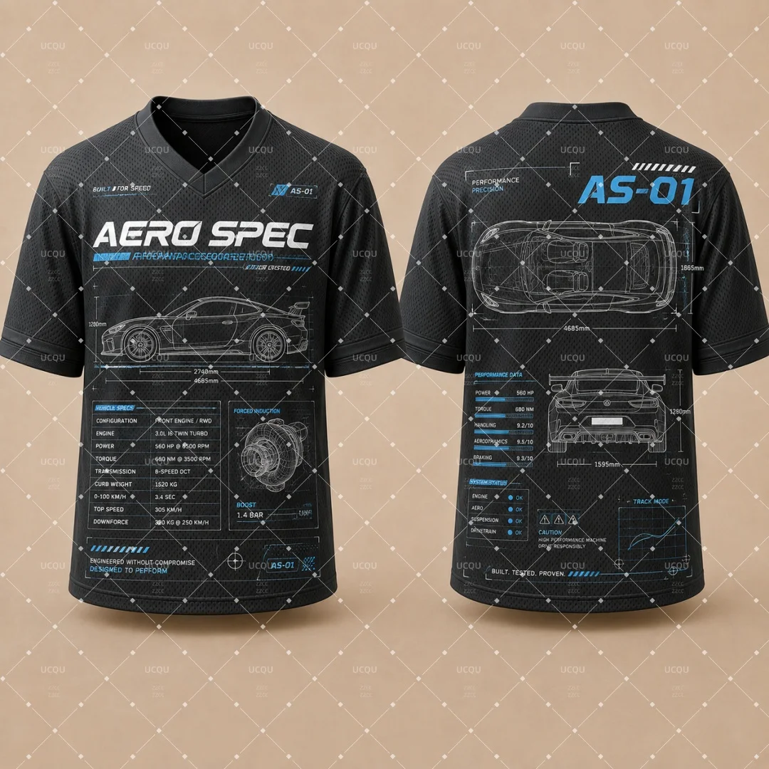 Racing Car Blueprint Specs Print V‑Neck Mesh Jersey T‑Shirt Men Y2K Motorsport Streetwear Auto‑Lovers Graphic Kids Unisex Tee