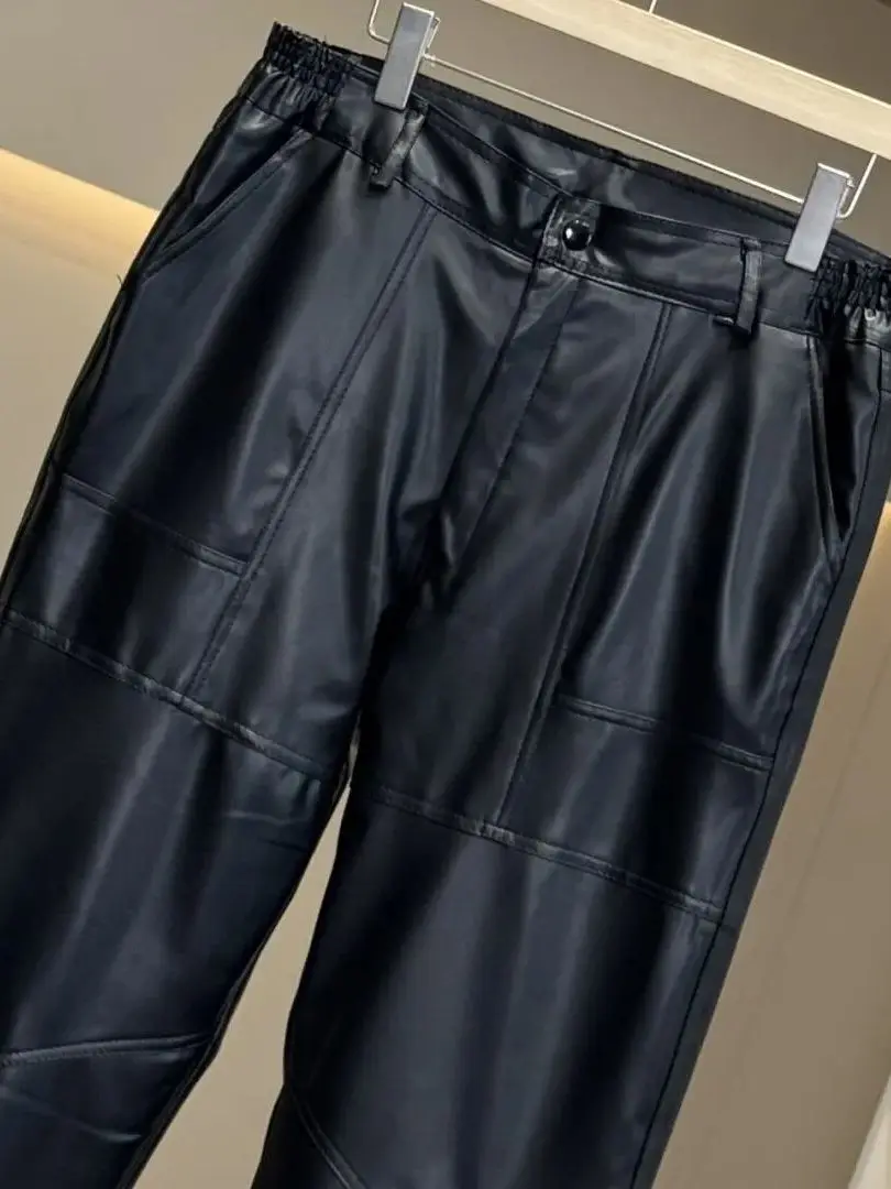 Thiened Fce Calças Casuais Masculinas Inverno Ao Ar Livre Sle Calças Perna Reta Fechamento de Botão À Prova de Vento Material PU Juventude Ciclismo