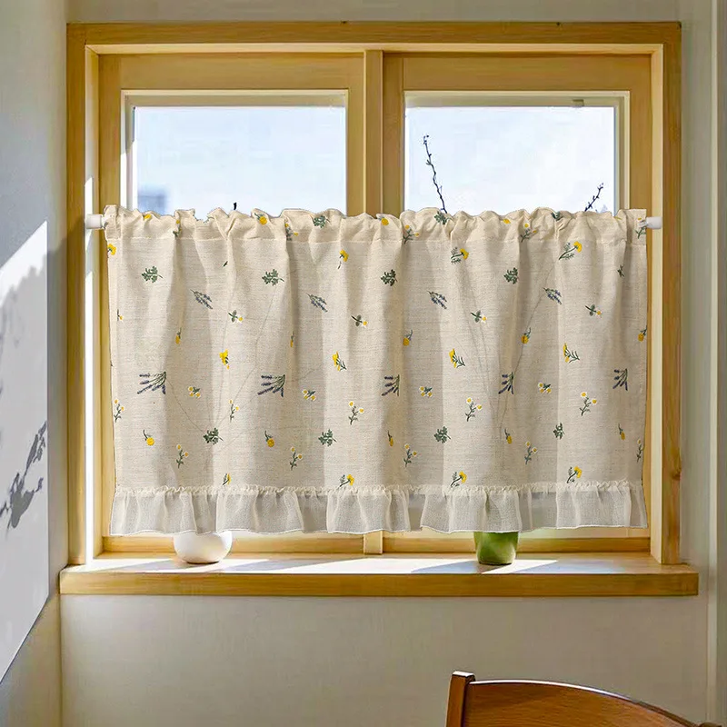 

Window Valance Linen Flower Embroidery with Ruffle Short Kitchen Curtain Coffee Curtain Farmhouse Postal Rod Pocket W180xL60cm