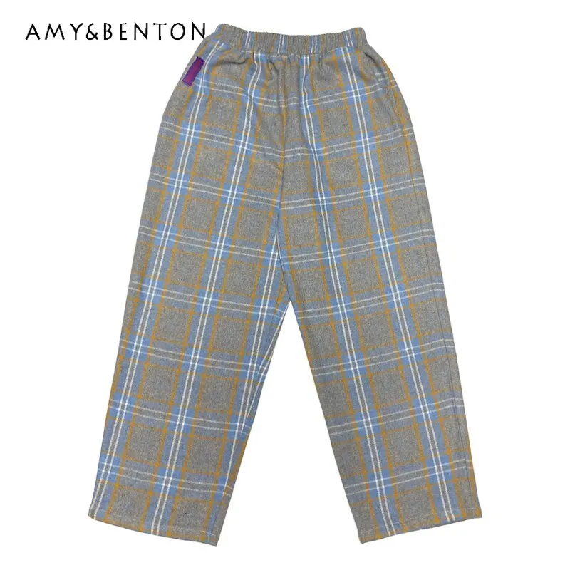 

2026 Spring Autumn New Gray-Blue Plaid Women's Trousers Original Design Sweet Cool Versatile Skinny Loose Straight Pants Ladies