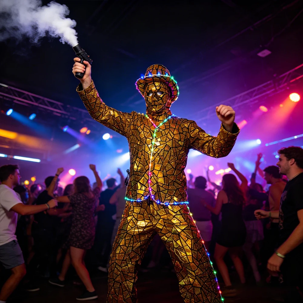 

Золотой светодиодный костюм на ходулях для мужчин: для праздничных мероприятий, выступлений, золотисто-розовый костюм для бара, вечеринки, сценических выступлений