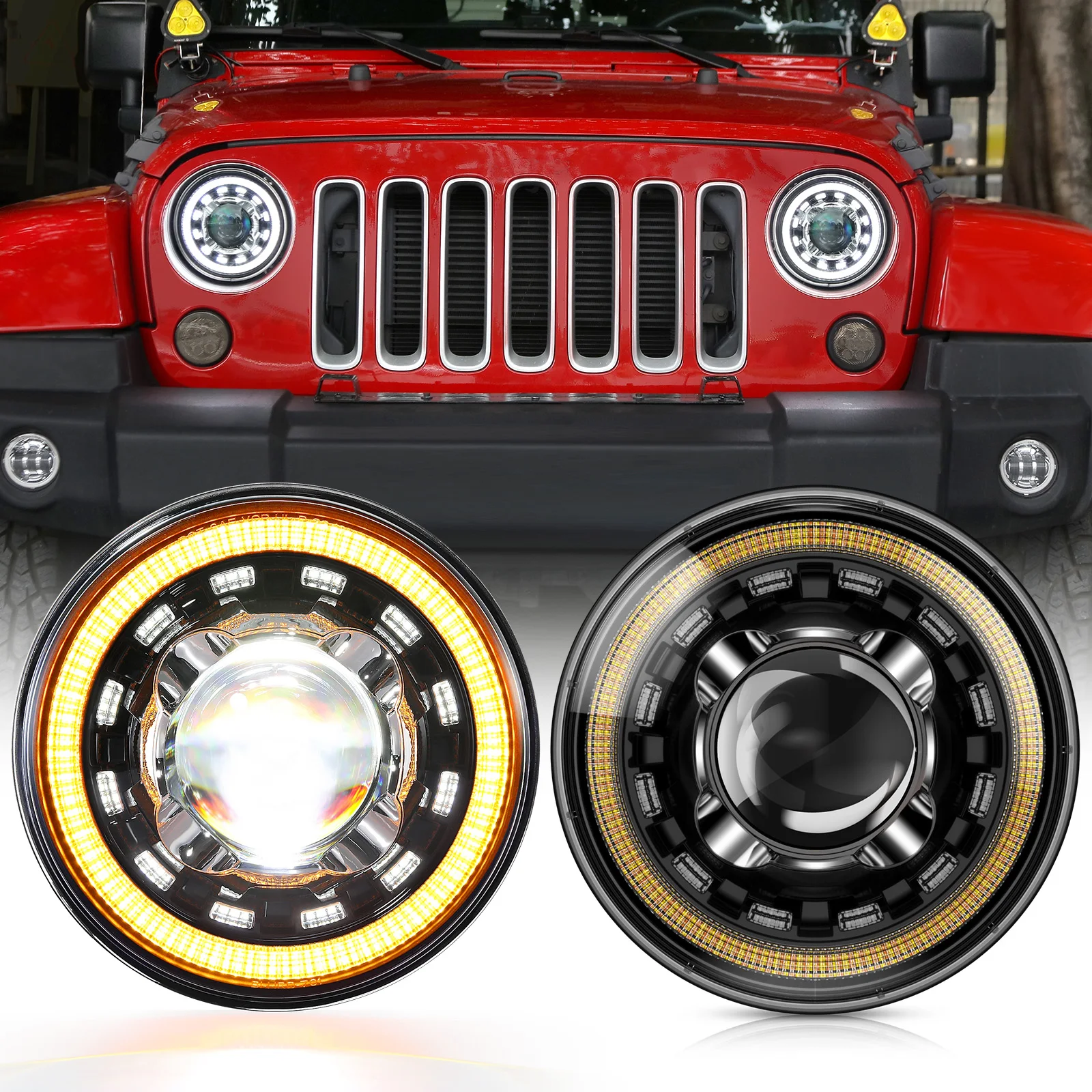 AUXBEAM 7 INCH Anti-glare LED HEADLIGHTS With White DRL & Amber TURN SIGNAL, HI & LO BEAM for JEEP WRANGLER JK TJ