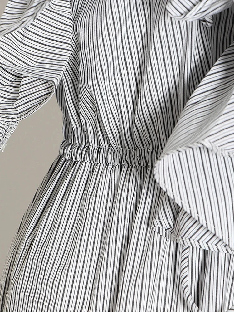 TWOTWINSTYLE Colorblock Striped Patchwork Ruffles Playsuit For Women V Neck Sleeveless High Waist Casual Playsuits Female New