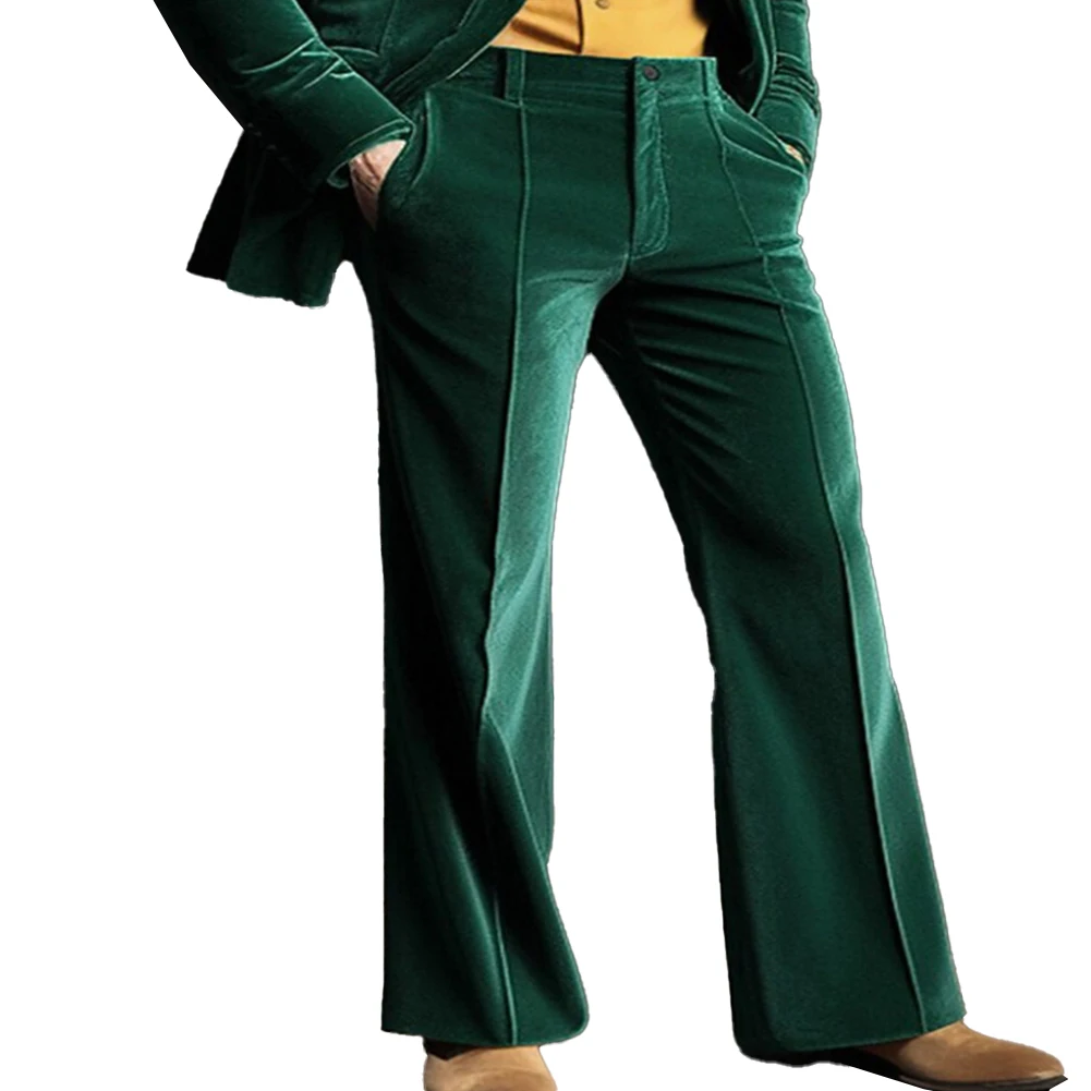 Mens Fashion Stand Pocket Elegant Gold Velvet Seamless Pants Flare Solid Color Strech Trousers Comfortable Full-Length Bottoms