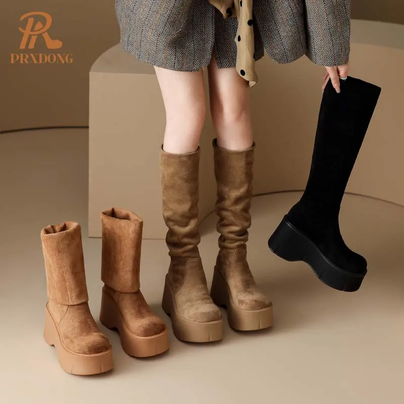 PRXDONG INS 2024 Nowa moda Jesień Zima Buty damskie Chunky High Heels Platform Black Brown Dress Party Casual Knee High Boots