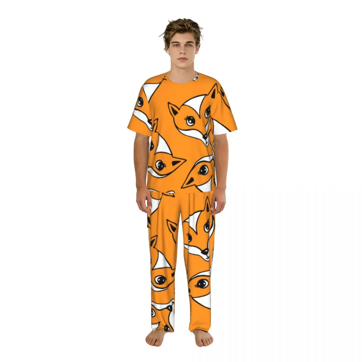 

Men Pajamas Set Fox Heads Short Sleeve Spring Summer Lounge Sleepwear Male Nightwear