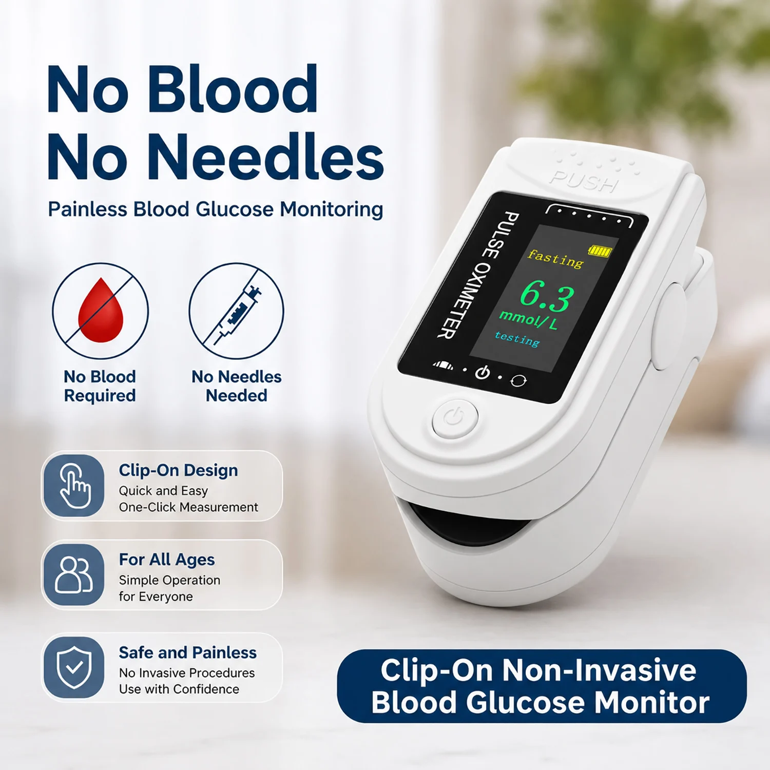 2-in-1 nicht-invasives Glukometer und Pulsoximeter, tragbar für den Heimgebrauch, kein Blutentnahme erforderlich, Blutzuckermessgerät für die Fingerspitze, SpO2-Herzfrequenz-Oxymetrie.
