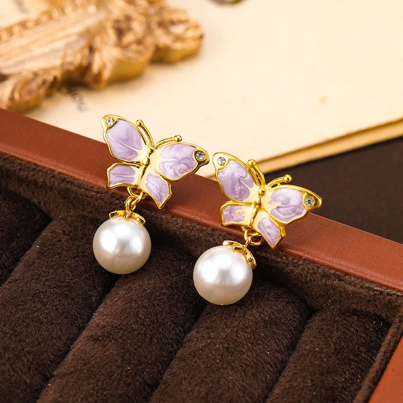 

French Elegant Purple Pink Enamel Butterfly Pearl Earrings for Women Light Luxury Design High-end Cute Sweet Girl's Gift Gentle