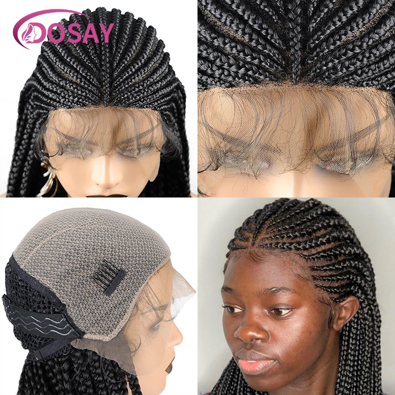 Perruque Synthétique Tressée avec Partie Latérale pour Femme Noire, Accessoire Capillaire sans Nministériels d