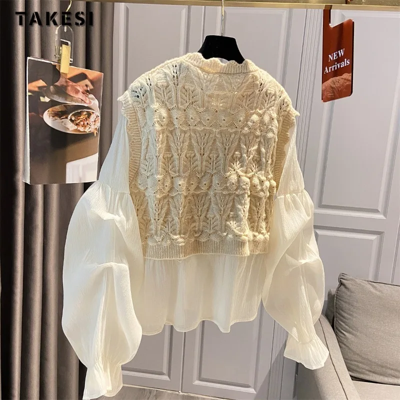 Japan Retro Style Round Neck Knitting Patchwork Long Sleeve Blouses 2023 Autumn Women Casual Thin Vintage Basics Loose Shirts