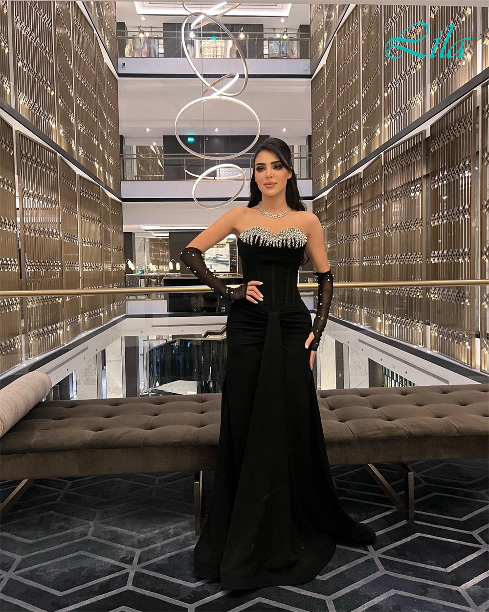 

Элегантное вечернее платье из черного джерси по индивидуальному заказу, вечернее платье знаменитостей без бретелек без рукавов, нежное прямое вечернее платье с кристаллами