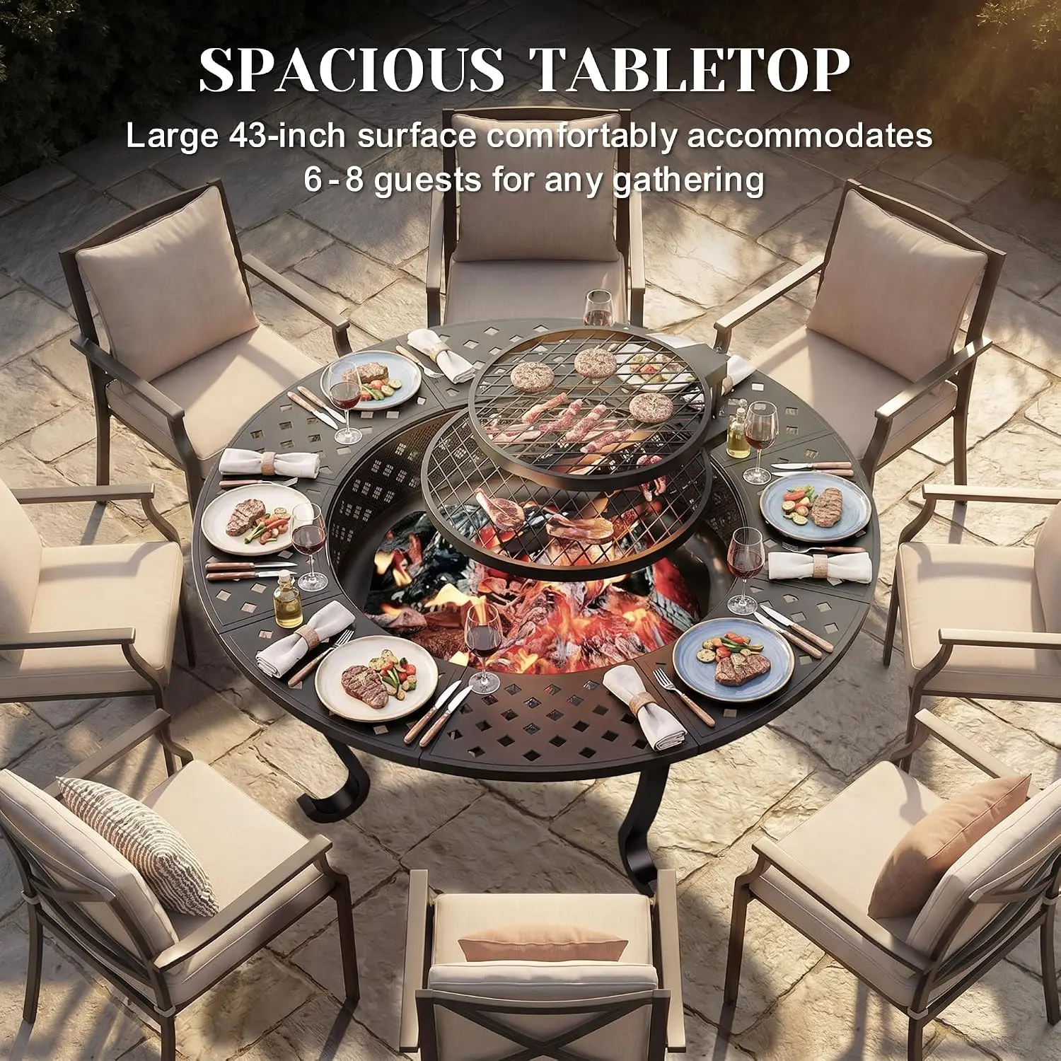 43-Inch Patio Fire Pit Featuring Two Adjustable Grills, a Lid, and Fire Poker for Outdoor Use
