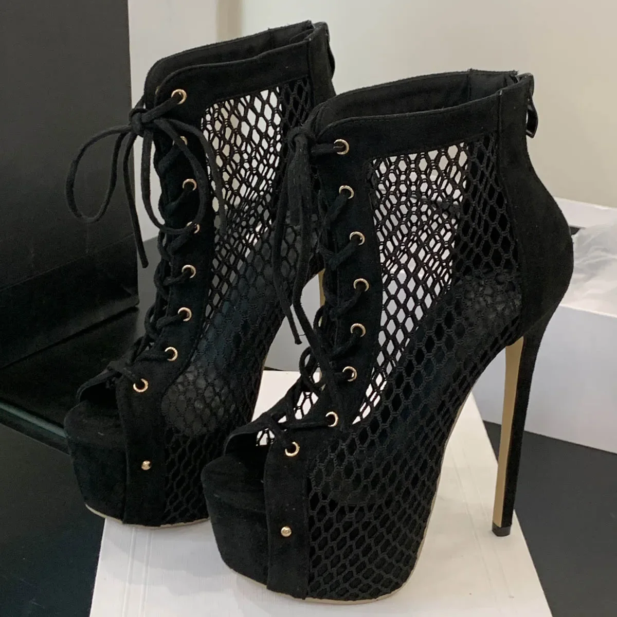 

Aneikeh Fashion 2026 New Black Sexy Mesh 16cm High Heel Platform Boots Women Peep Toe Autumn Club Stripper Sandal Pumps Shoes