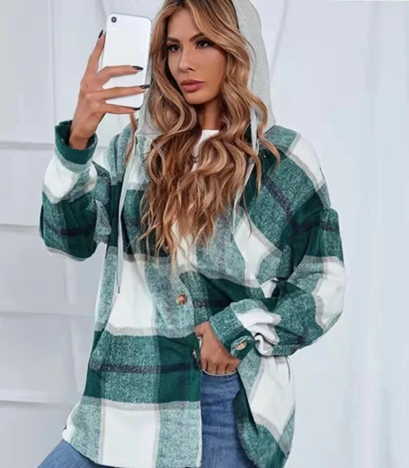Vintage geruit flanellen overhemd met split en capuchon Tweed jas Casual katoenen damesjack met lange mouwen en zakken