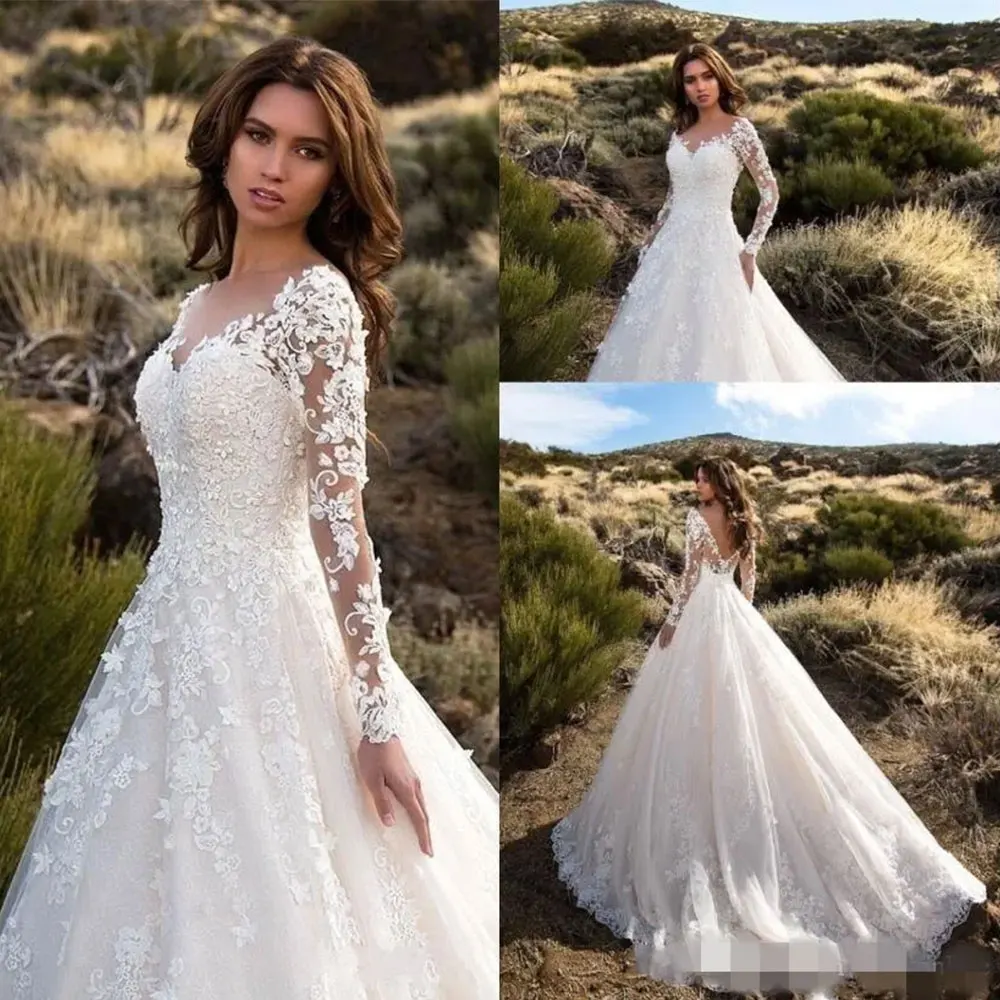 

2024 Modest Long Sleeves A Line Wedding Dresses V Neck Lace Appliqued Sweep Train Plus Size Wedding Bride Gowns vestido de novia