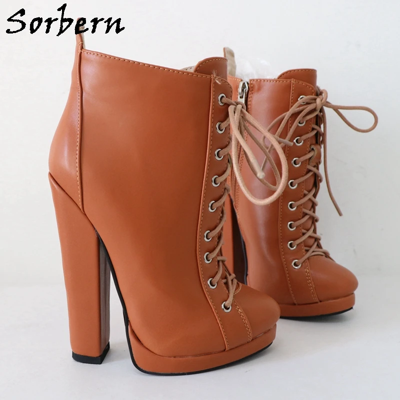 Sorbern Brown Ankle Boots For Women Lace Up Thin Platform Block High Heels Winter Style Warm Plush Short Booties Custom 33-48