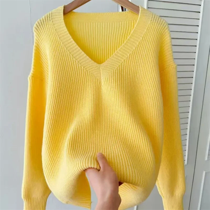 Women's Warm V-neck Pullover Knitted Sweater Korean Fashion Long-sleeved Loose Thin Inner Top Autumn and Winter New