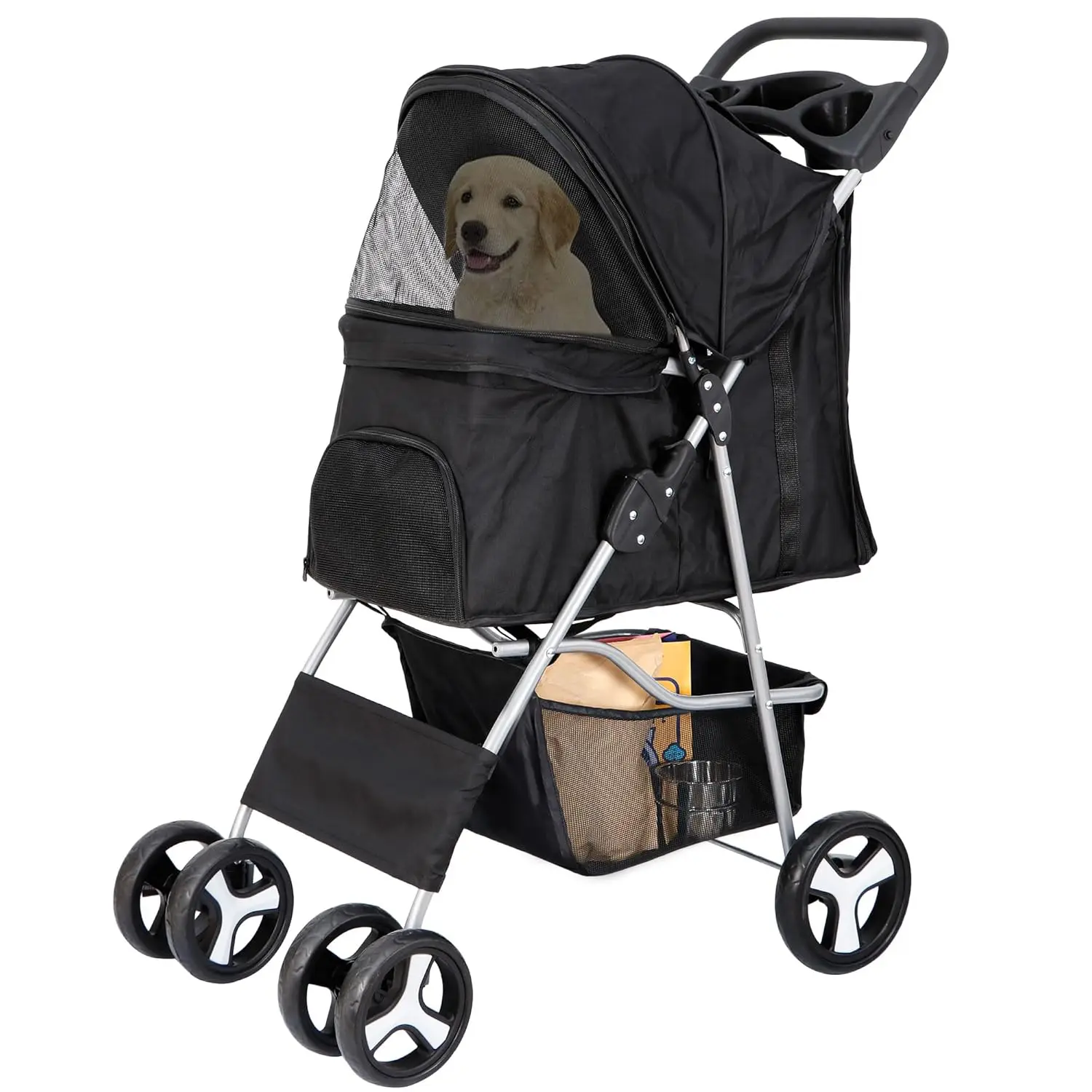 

Foldable Pet Stroller for Small Dogs Cats with Storage Basket Cup Holder 4 Wheels Carrier Black