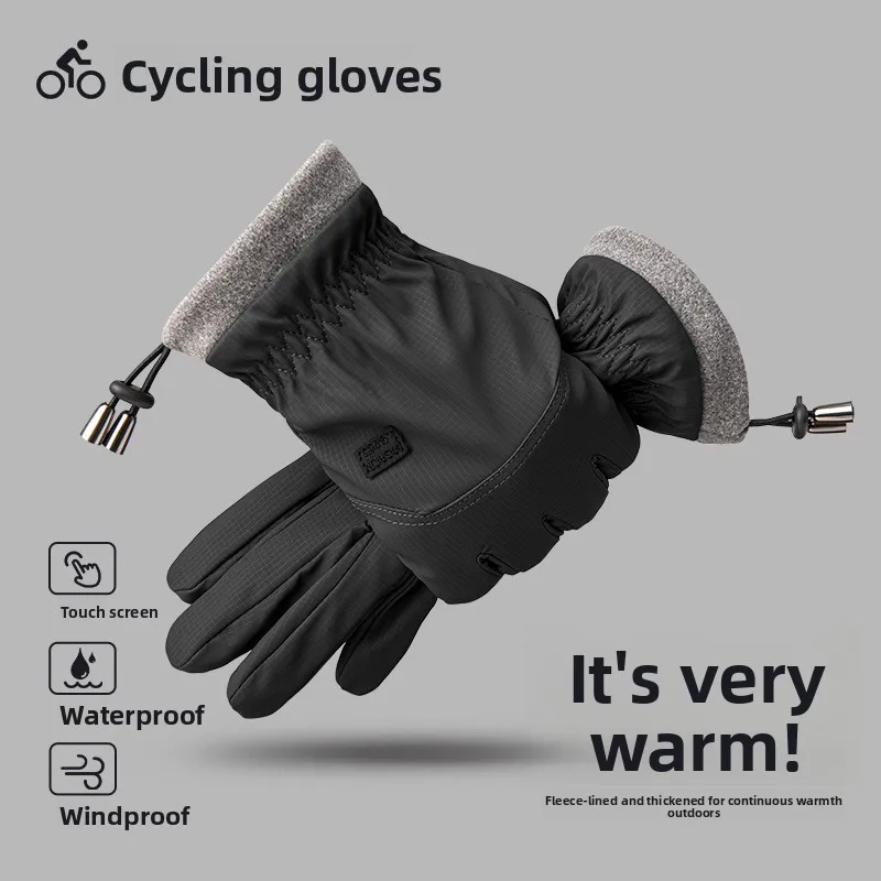 Men Winter Touch Screen Gloves, Windproof Waterproof Warm Velvet Riding Gloves for Electric Vehicle