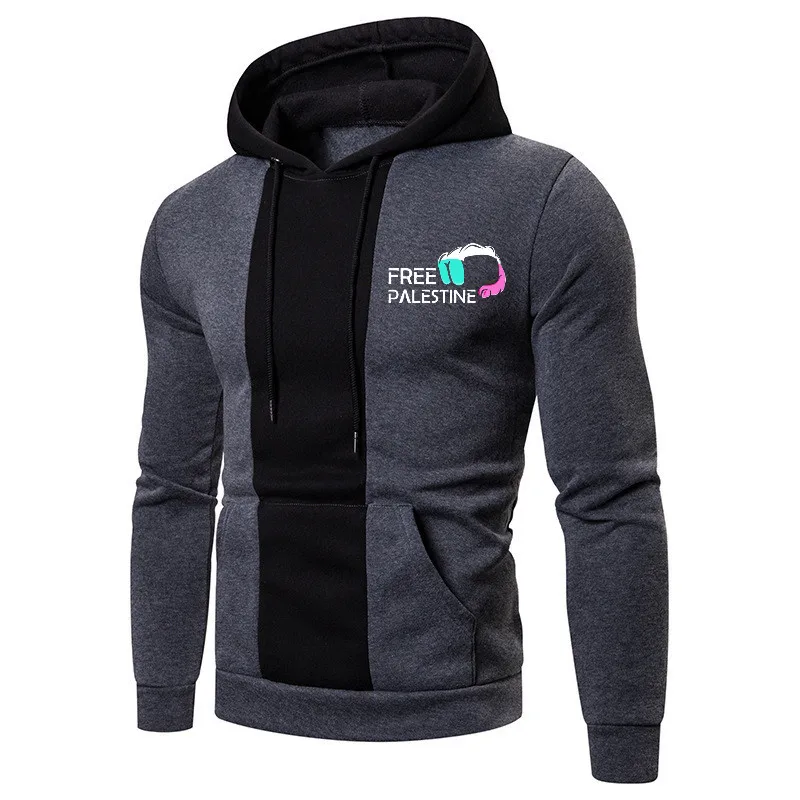 Men's patch printing hoodie outdoor casual sportswear street fashion men's fleece hooded sweatshirt autumn and winter dark color