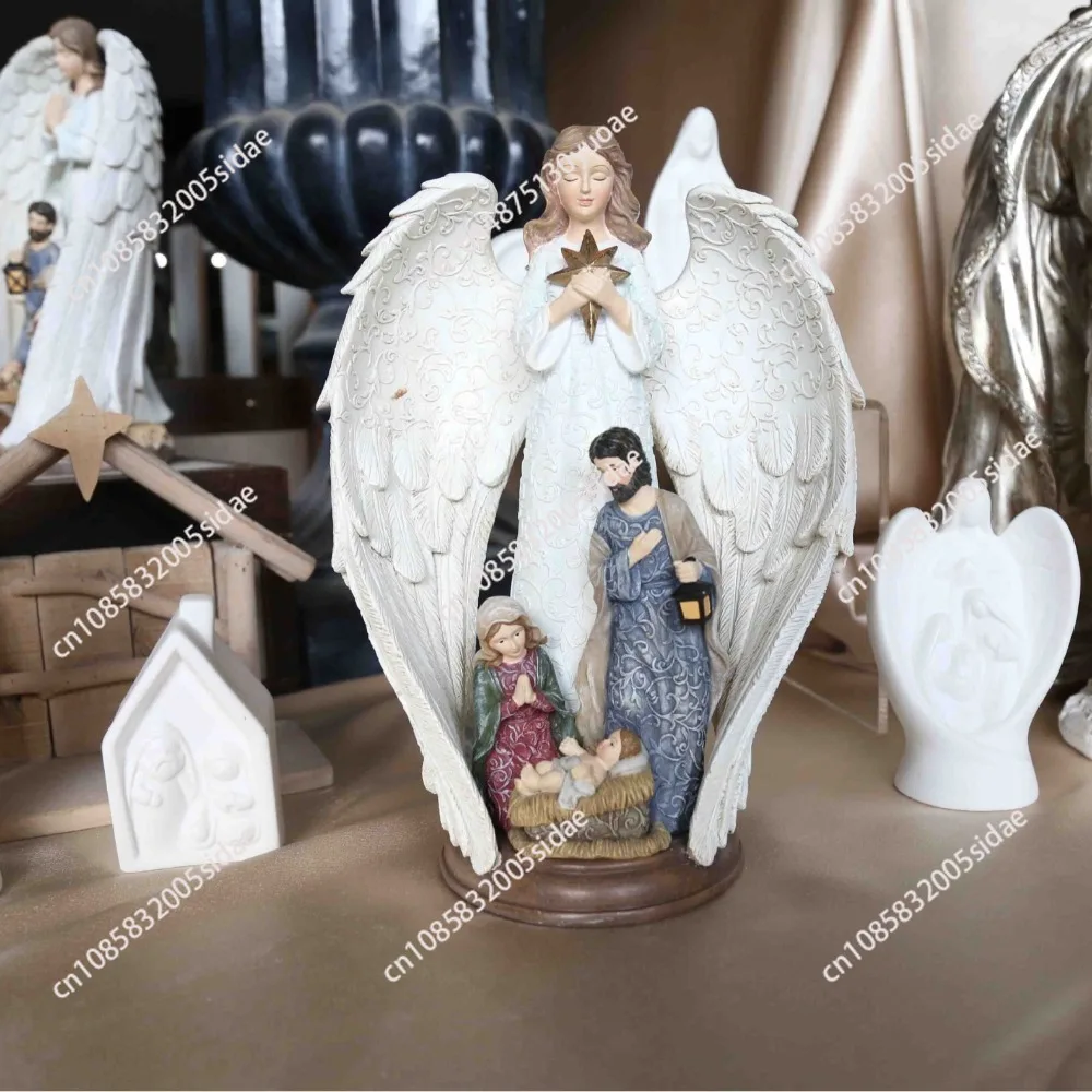 Christmas Holy Family Statue Nativity Scene Figurines Color Relief Pattern Effect Angel Wings Scene Decoration Home Ornaments